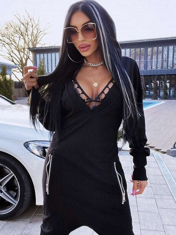 V-Neck Hooded Cut-Out Jumpsuit