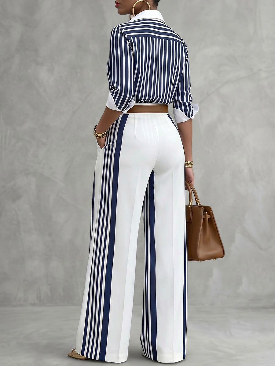 Wide-Leg High-Waist Pocket Contrast Belt