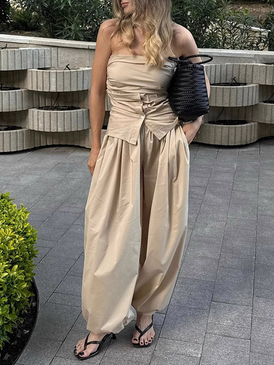High-Waist Pleated Drawstring Pants