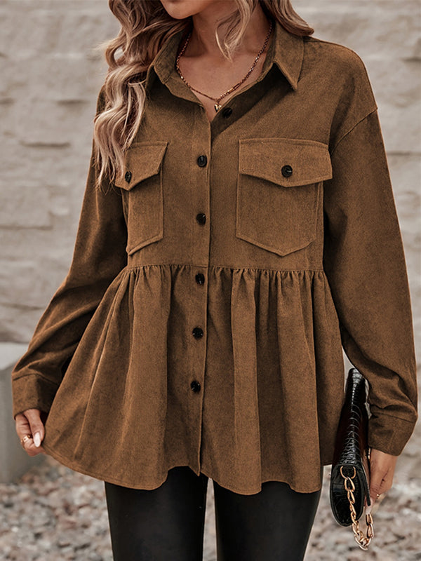 Pleated A-Line Button-Detail Pocket Jacket
