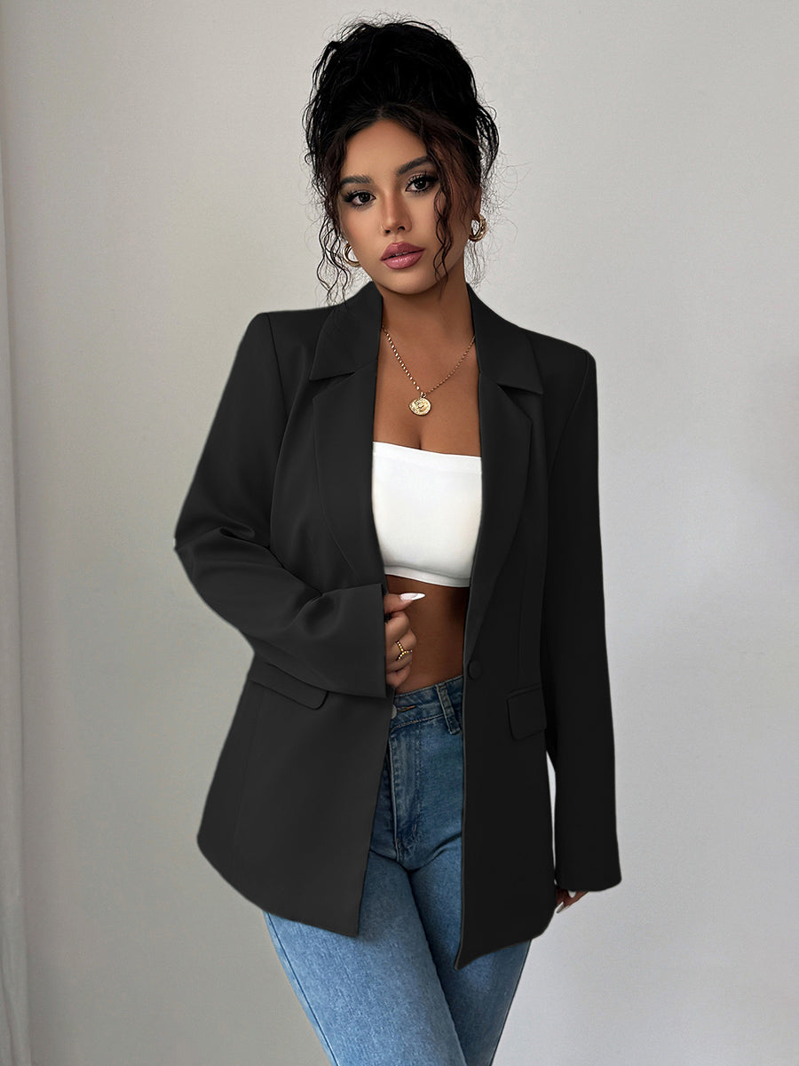 Notch-Collar Button-Detail Pocket Long-Sleeve Blazer