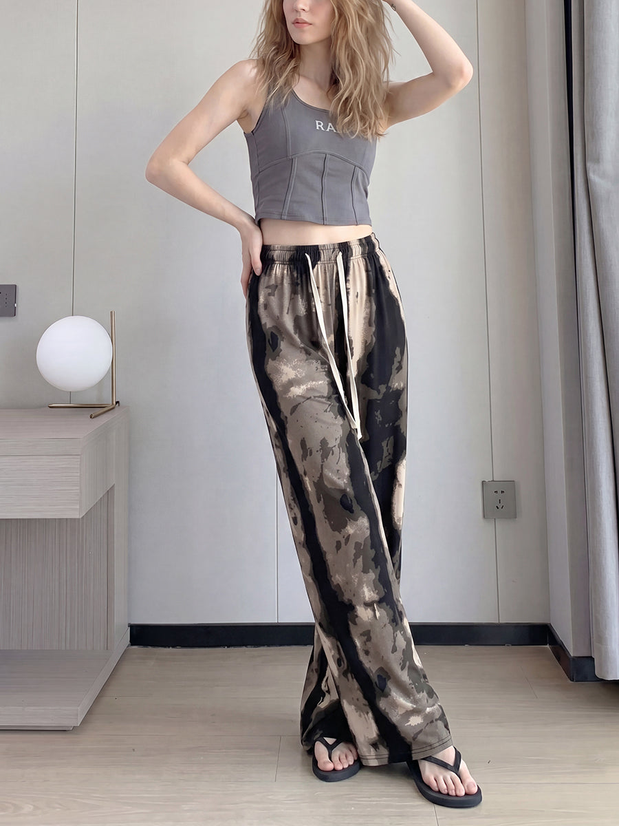 Printed Wide-Leg High-Waist Drawstring Pants