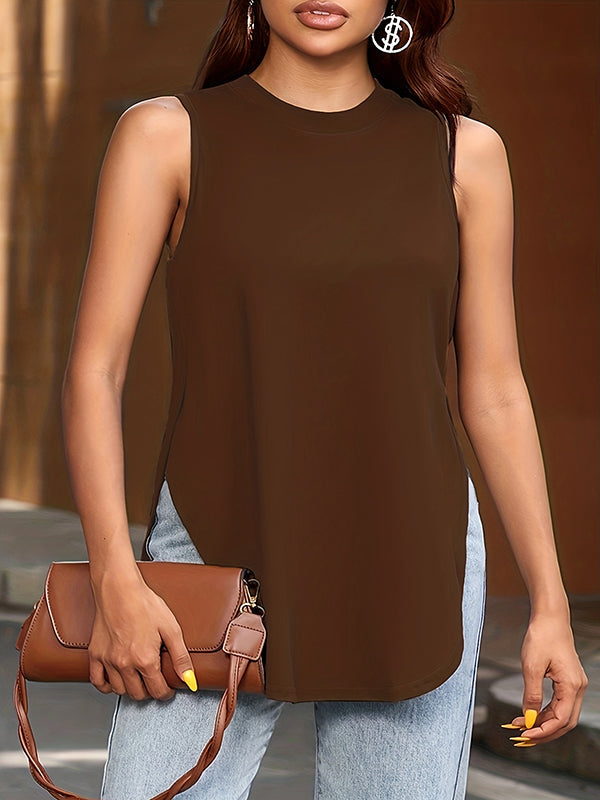 Round-Neck Side-Split Sleeveless Relaxed Cover-Up