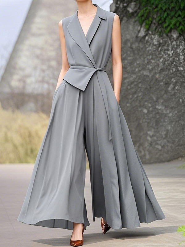 High-Waist Notch-Collar Pleated Pocket Jumpsuit