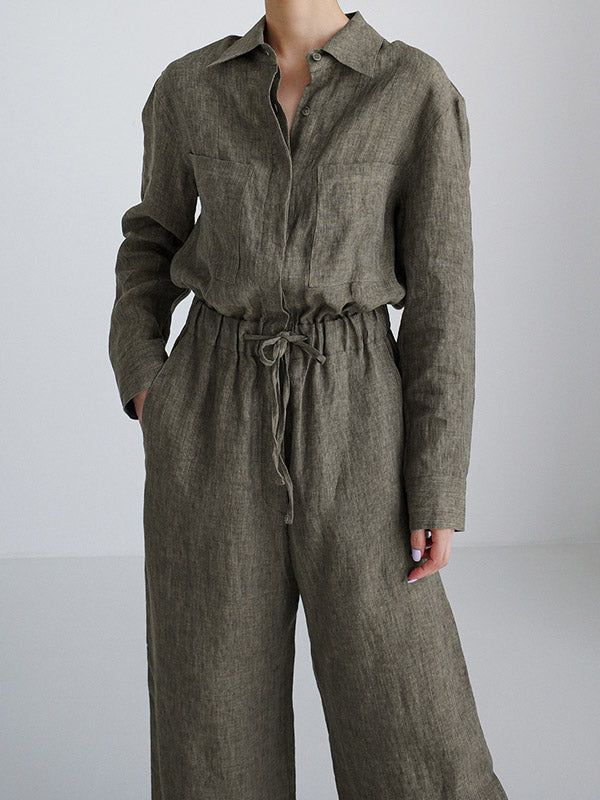 Linen Wide-Leg Drawstring Long-Sleeve Jumpsuit