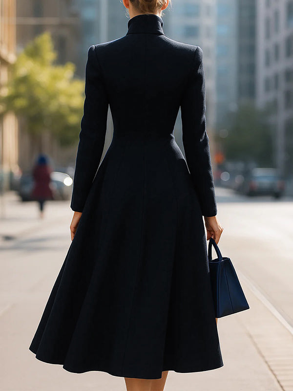 Stand-Collar A-Line Button-Detail Pocket Coat