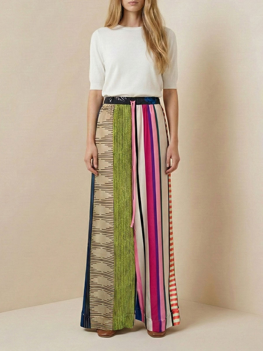 Striped Wide-Leg Drawstring Relaxed Pants