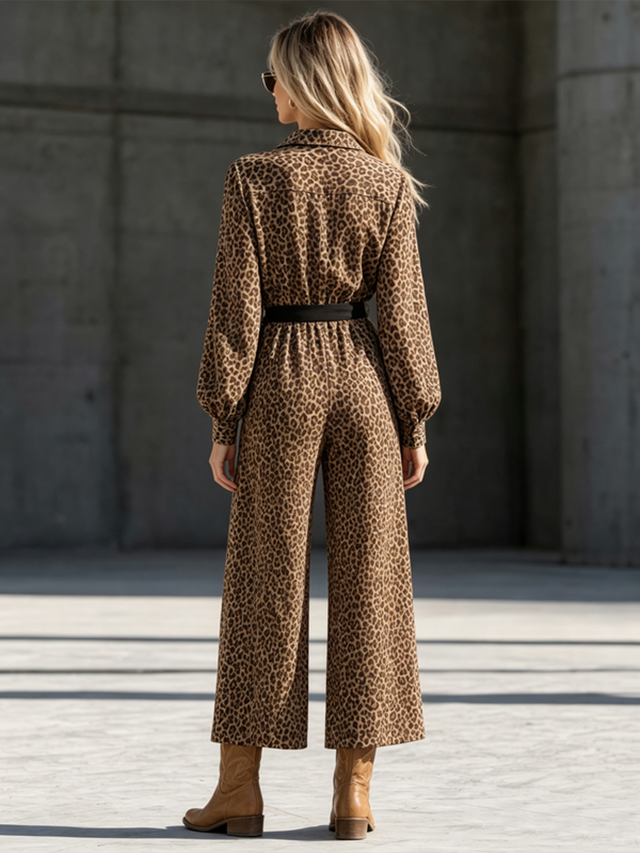Leopard Print Wide-Leg Button-Detail Pocket Jumpsuit
