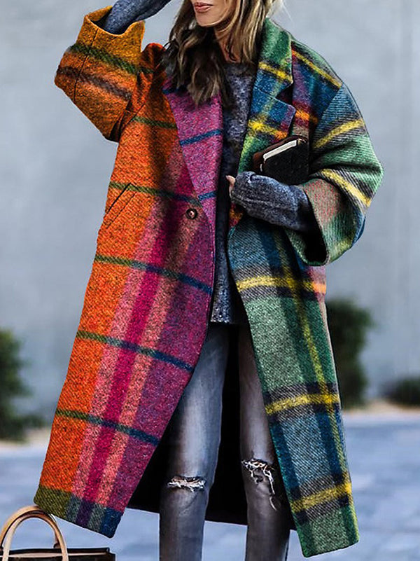 Checked Three-Quarter Sleeve Relaxed Contrast Jacket