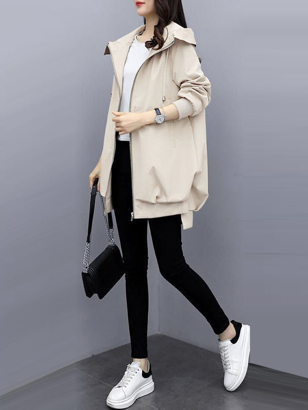 Hooded Pleated Zip Long-Sleeve Jacket