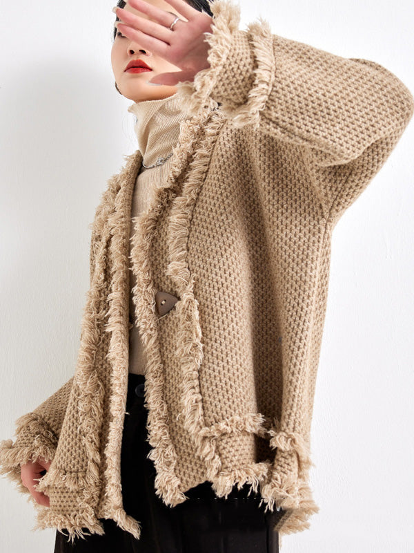 V-Neck Fringe Button-Detail Long-Sleeve Cardigan