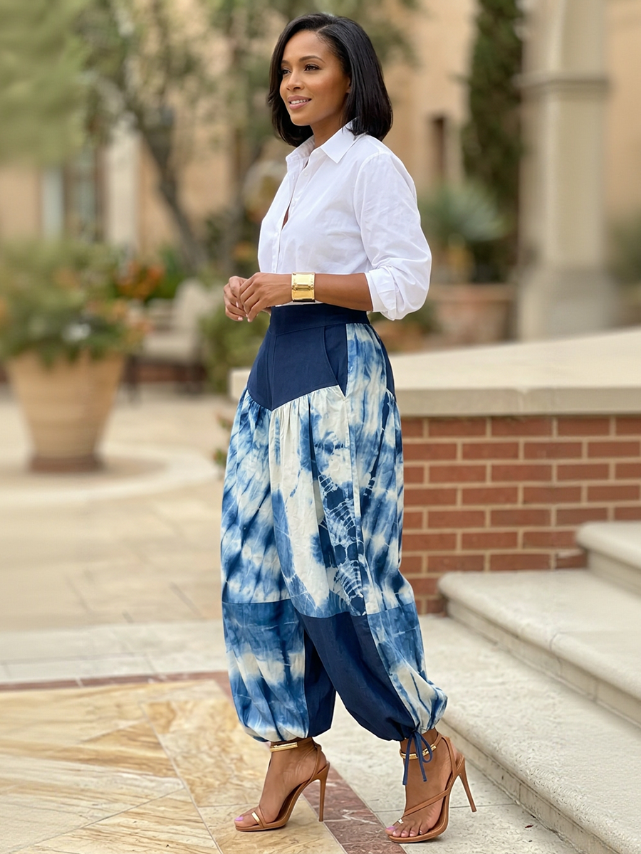 Printed High-Waist Contrast Pants