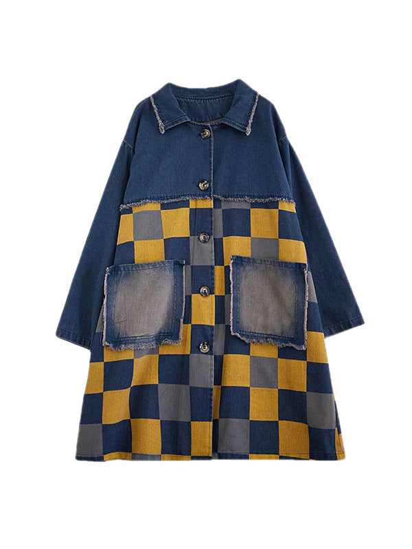 Checked Denim Notch-Collar Fringe Jacket
