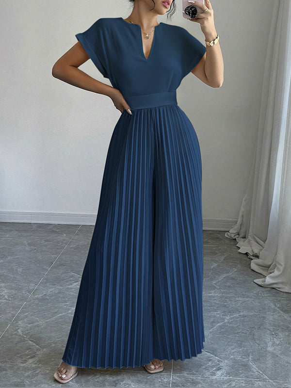 V-Neck Pleated Short-Sleeve Relaxed Jumpsuit