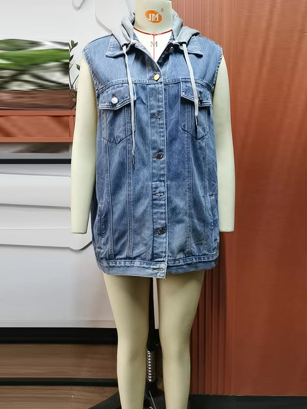 Hooded Drawstring Button-Detail Pocket Vest