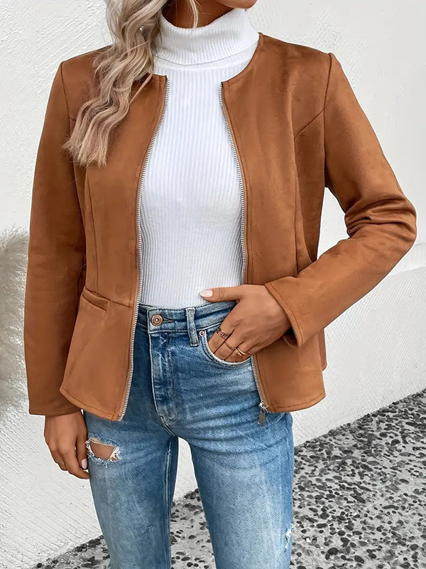 Round-Neck Zip Pocket Long-Sleeve Jacket