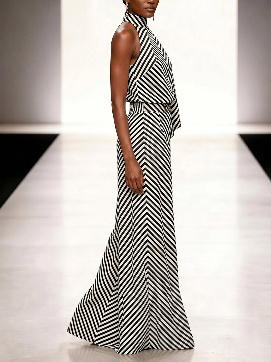 Striped High-Waist Buckle Elastic Pants