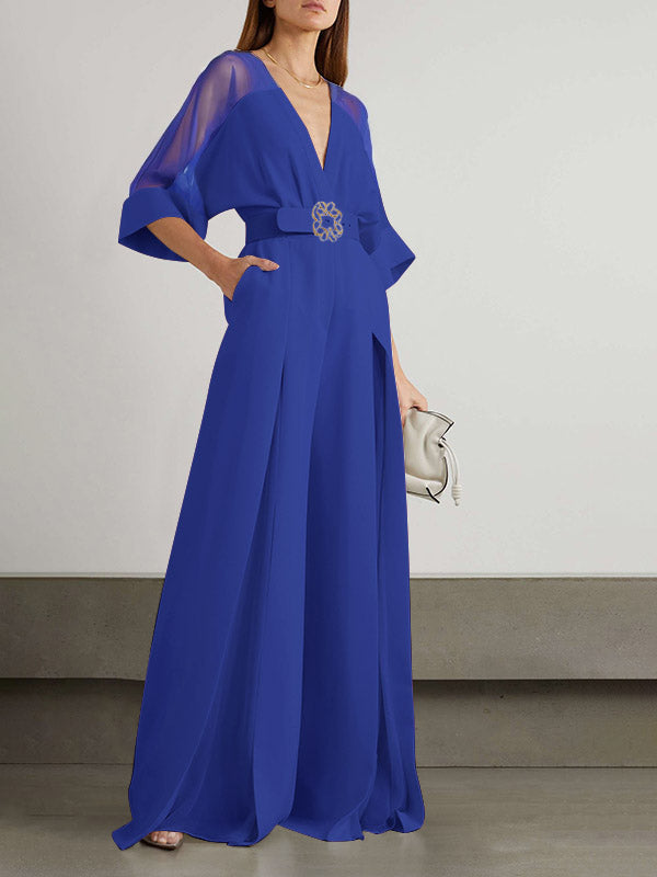 High-Waist V-Neck Contrast Jumpsuit