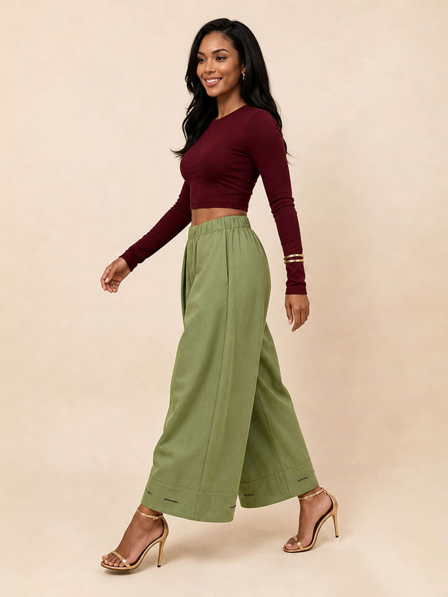 Wide-Leg Pleated Button-Detail Pocket Pants