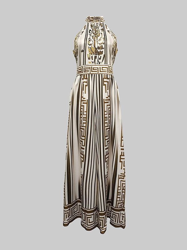 Printed Wide-Leg Halter-Neck Sleeveless Jumpsuit