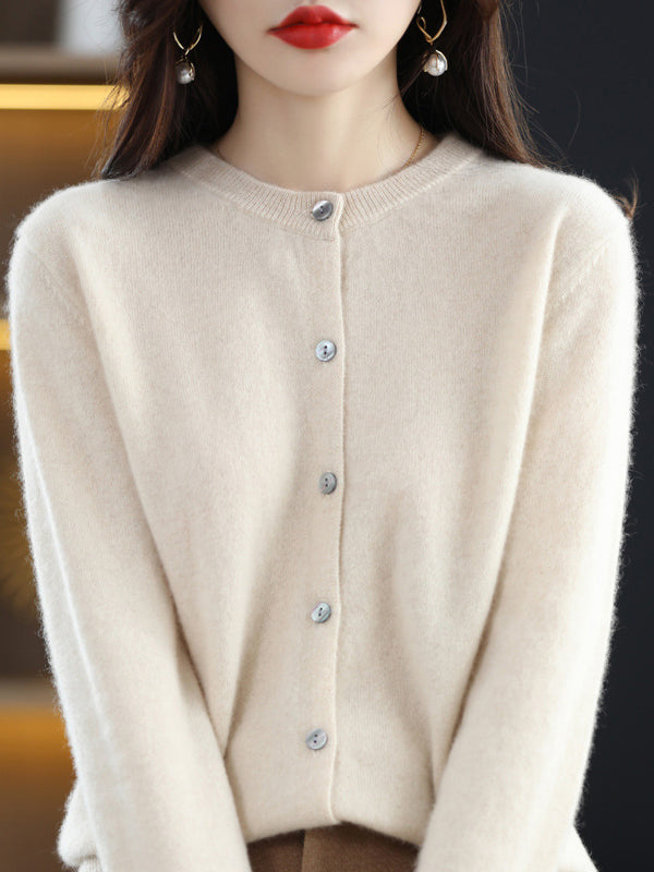 Knit Round-Neck Button-Detail Long-Sleeve Cardigan