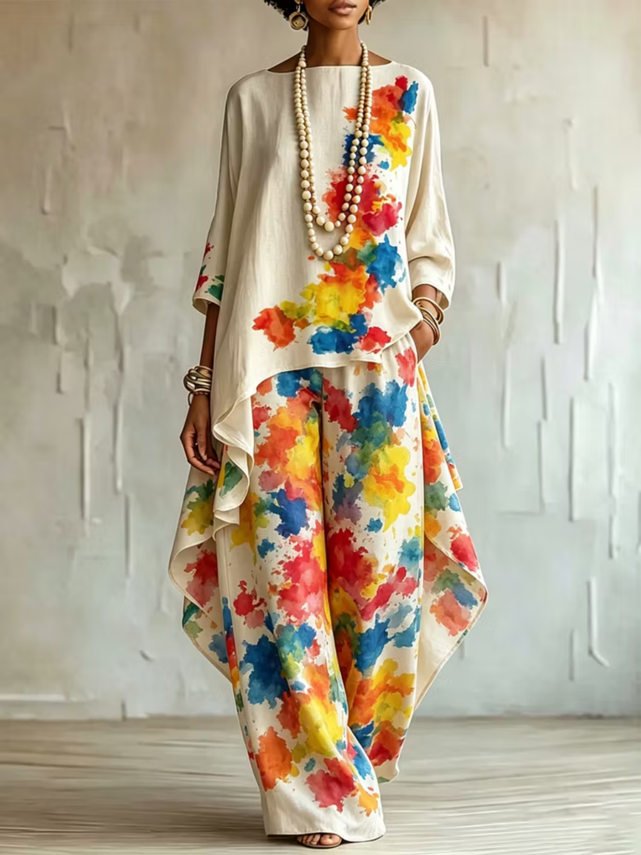 Printed Wide-Leg High-Waist Pocket Pants