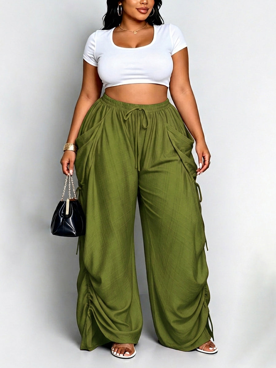 High-Waist Drawstring Pocket Elastic Pants