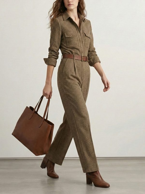 Checked High-Waist Pleated Pocket Belt