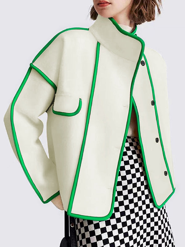 Stand-Collar Button-Detail Pocket Long-Sleeve Coat