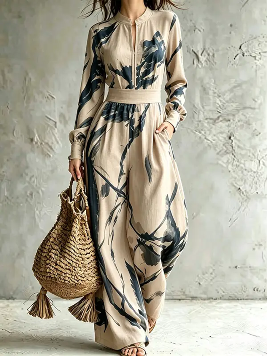 Printed Wide-Leg V-Neck Zip Jumpsuit