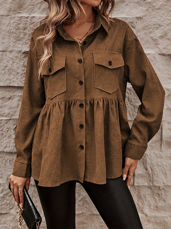 Pleated A-Line Button-Detail Pocket Jacket