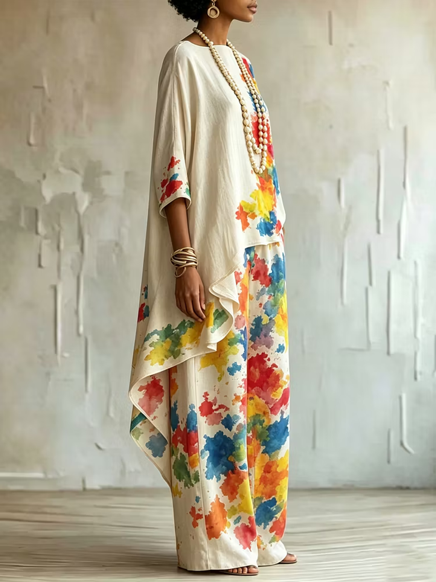 Printed Wide-Leg High-Waist Pocket Pants