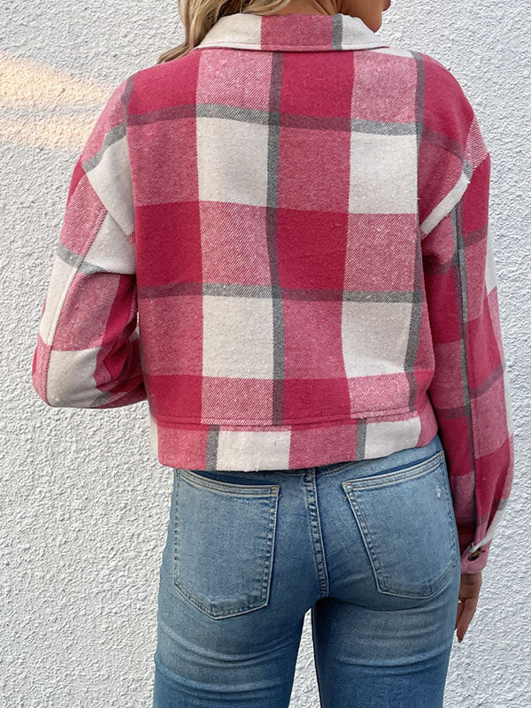 Checked Button-Detail Pocket Long-Sleeve Jacket