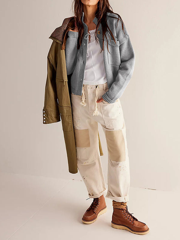 Stand-Collar Button-Detail Pocket Long-Sleeve Cardigan