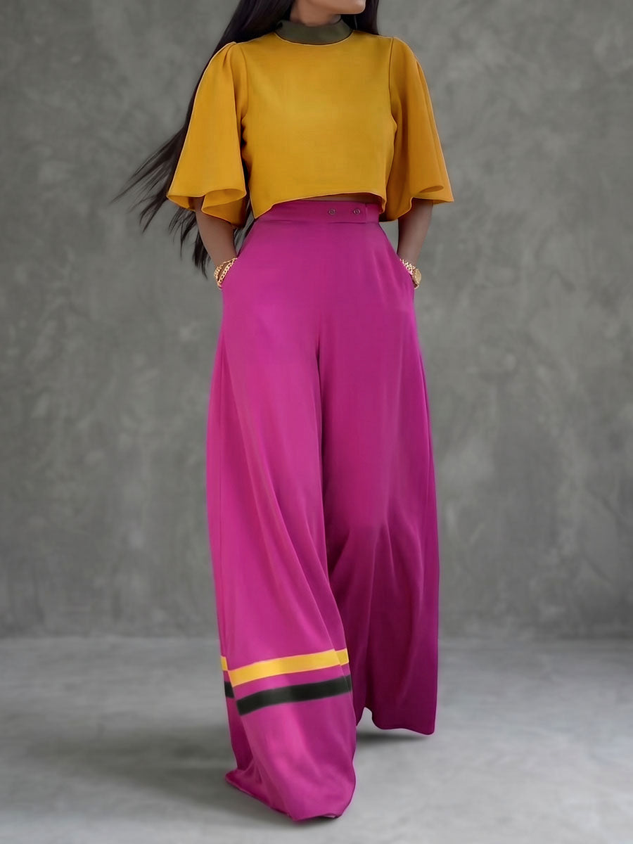 Wide-Leg High-Waist Button-Detail Pocket Pants