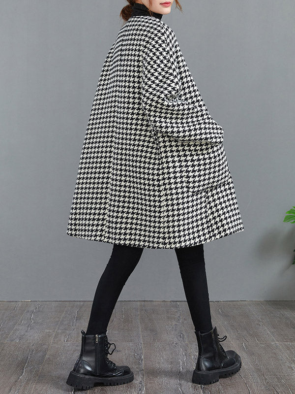 Houndstooth Round-Neck Button-Detail Long-Sleeve Coat