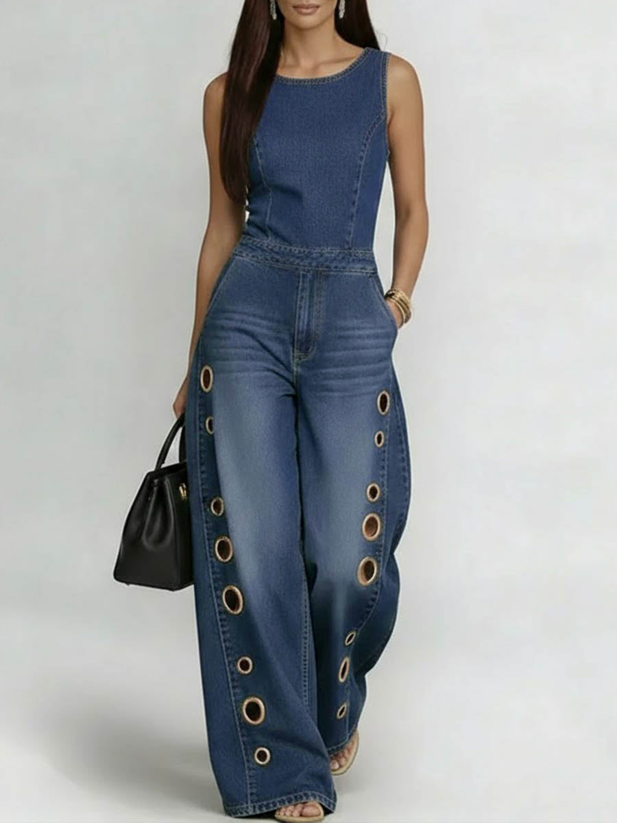 High-Waist Round-Neck Pocket Geometric Jumpsuit