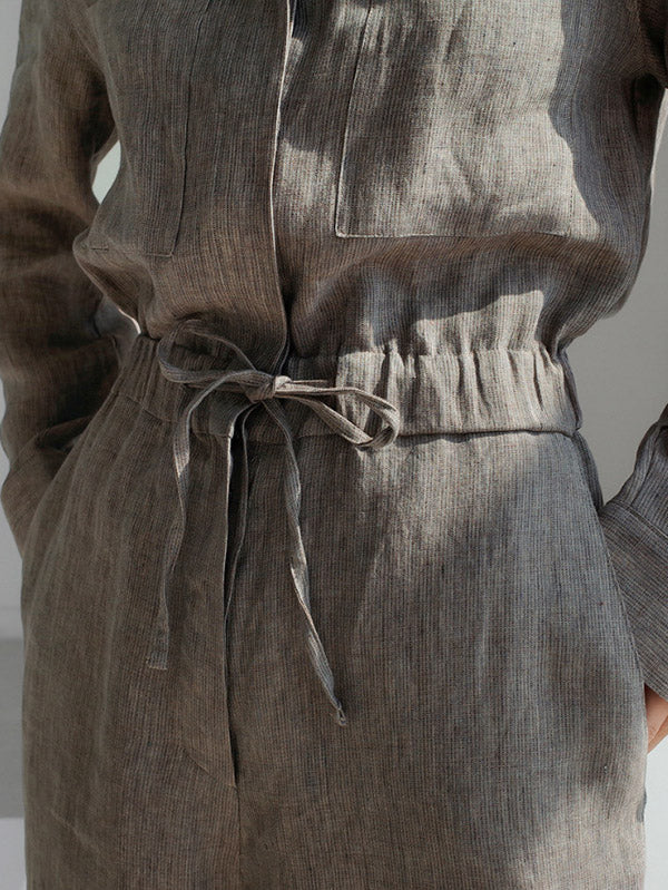 Linen Wide-Leg Drawstring Long-Sleeve Jumpsuit