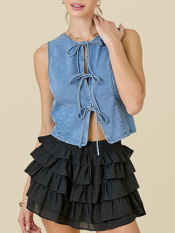 Lace Round-Neck Sleeveless Relaxed Vest