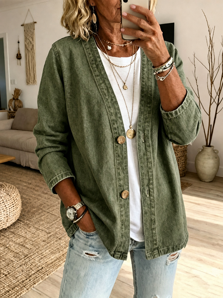 Denim Plus Size Button-Detail Long-Sleeve Jacket