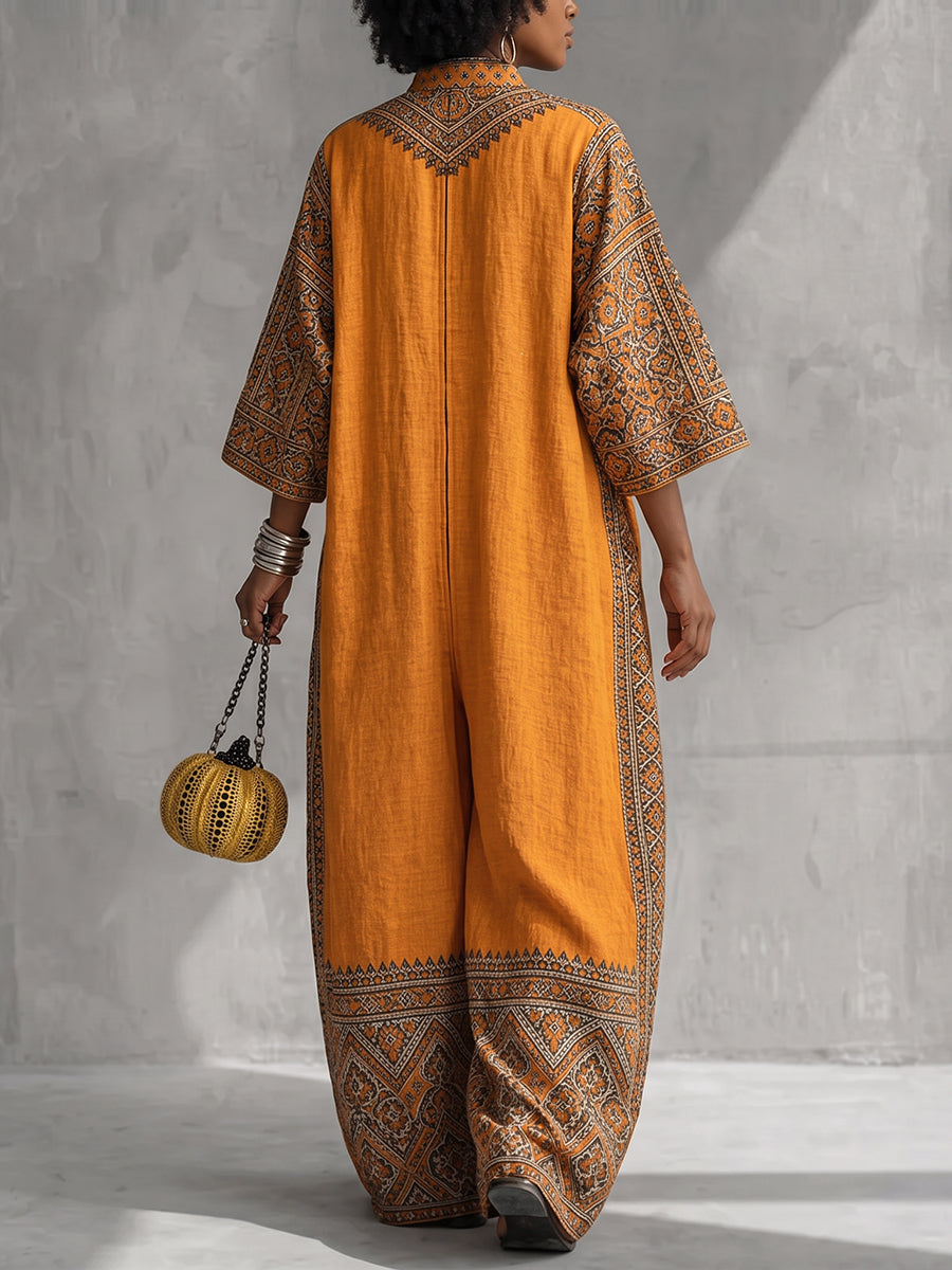 Printed V-Neck Pocket Three-Quarter Sleeve Jumpsuit