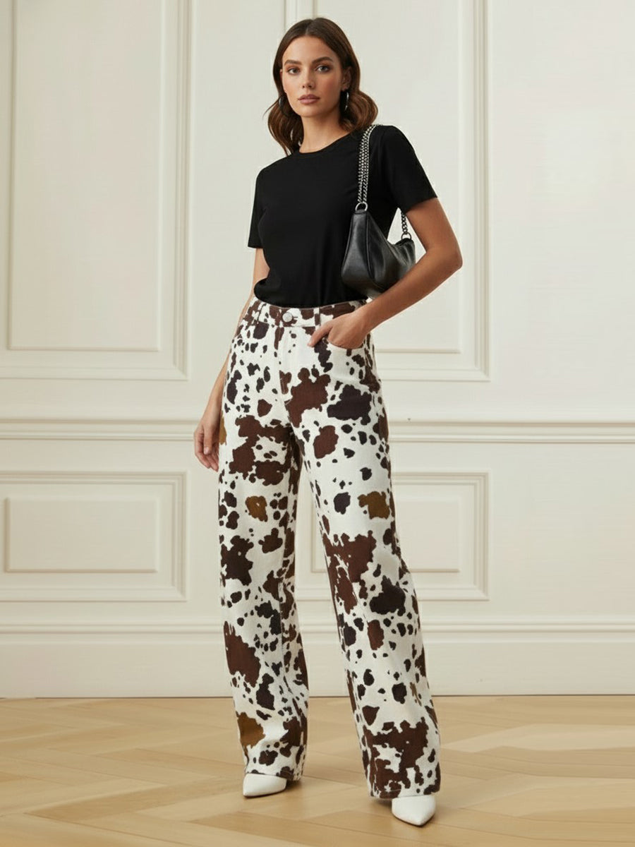 Printed High-Waist Contrast Pants