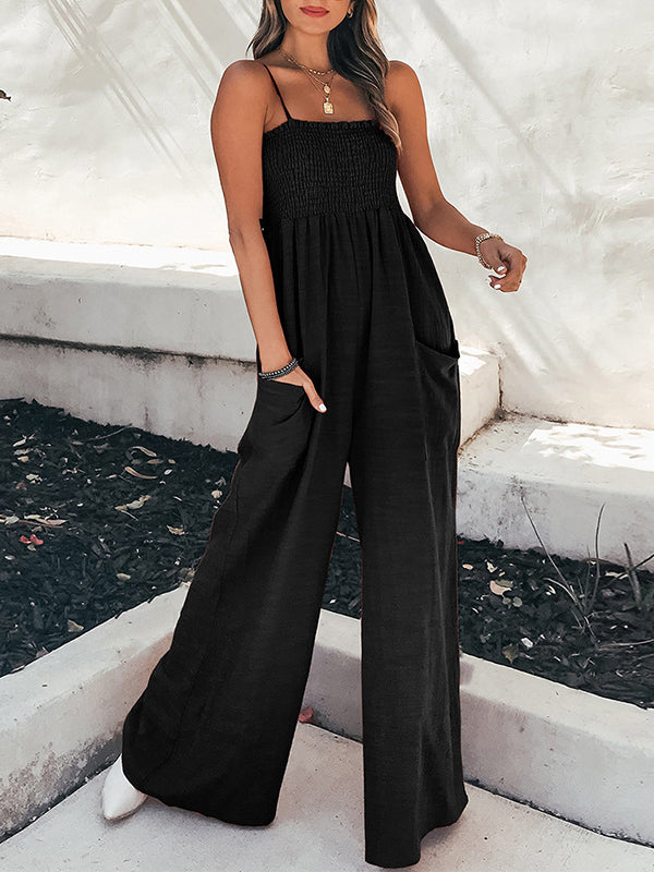 High-Waist Pleated Pocket Elastic Jumpsuit