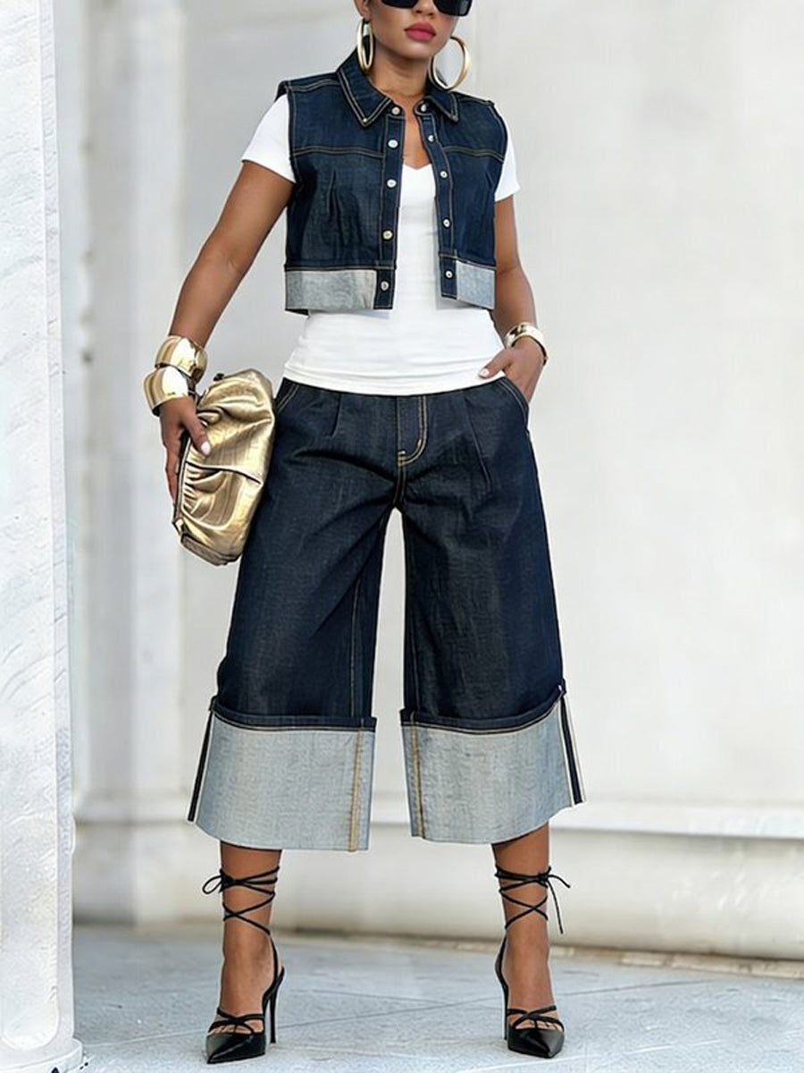 Pleated Button-Detail Sleeveless Relaxed Vest