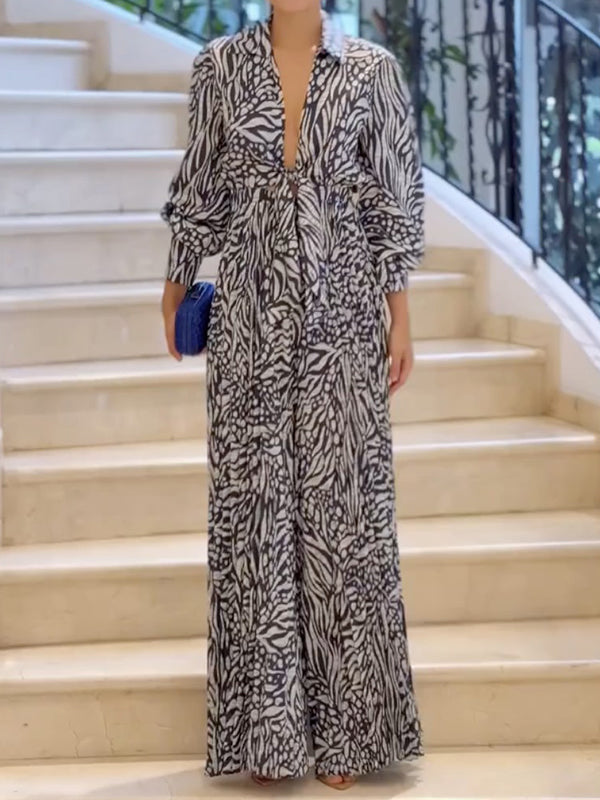 Printed V-Neck Pleated Relaxed Jumpsuit