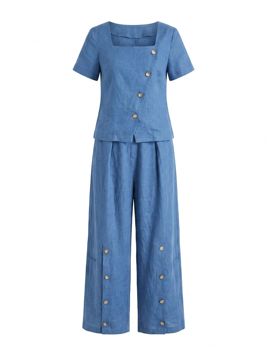 Wide-Leg Button-Detail Pocket Relaxed Pants