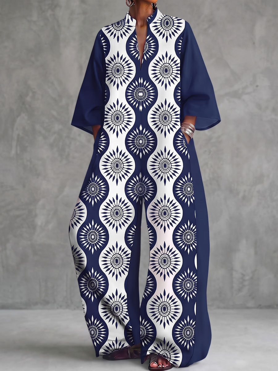 Printed Wide-Leg V-Neck Pocket Jumpsuit