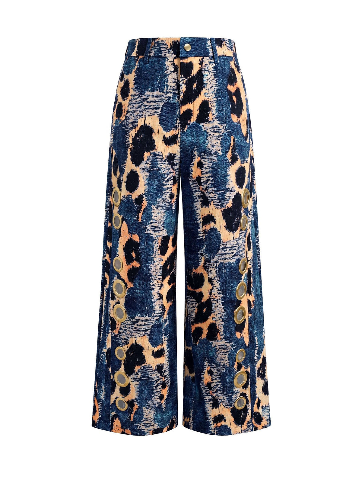 Leopard Print Wide-Leg High-Waist Button-Detail Pants