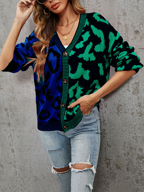 Leopard Print V-Neck Button-Detail Long-Sleeve Cardigan
