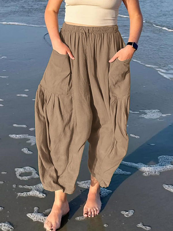 High-Waist Pleated Drawstring Pocket Pants